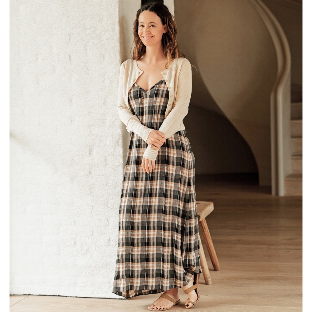 Jenni Kayne Women's Winona Plaid Maxi Slip Dress Brown Black V-Neck Neutral L‎